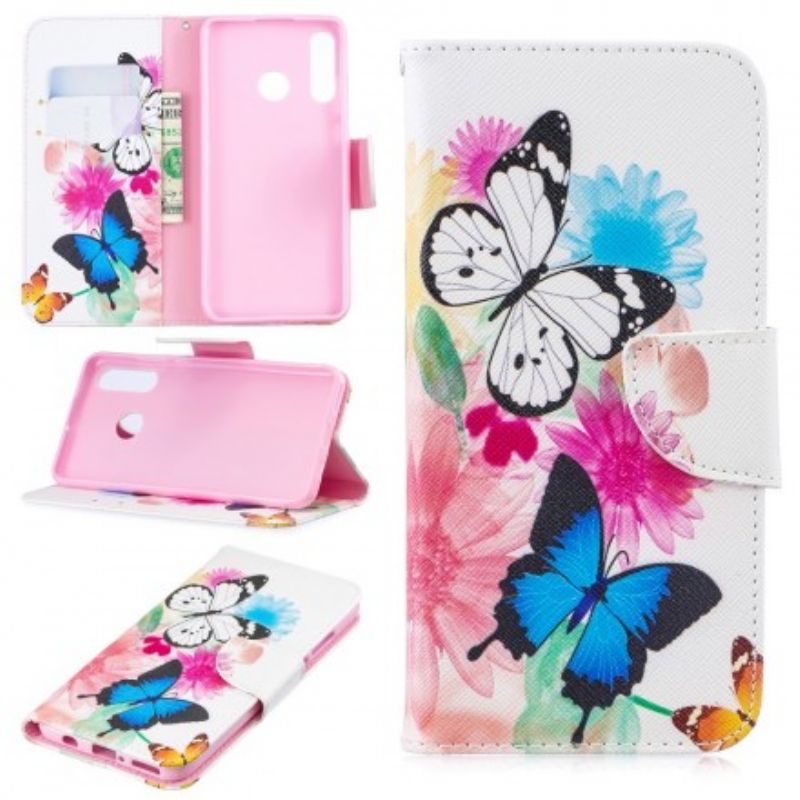 Flip Cover Huawei P30 Lite Malede Sommerfugle Og Blomster