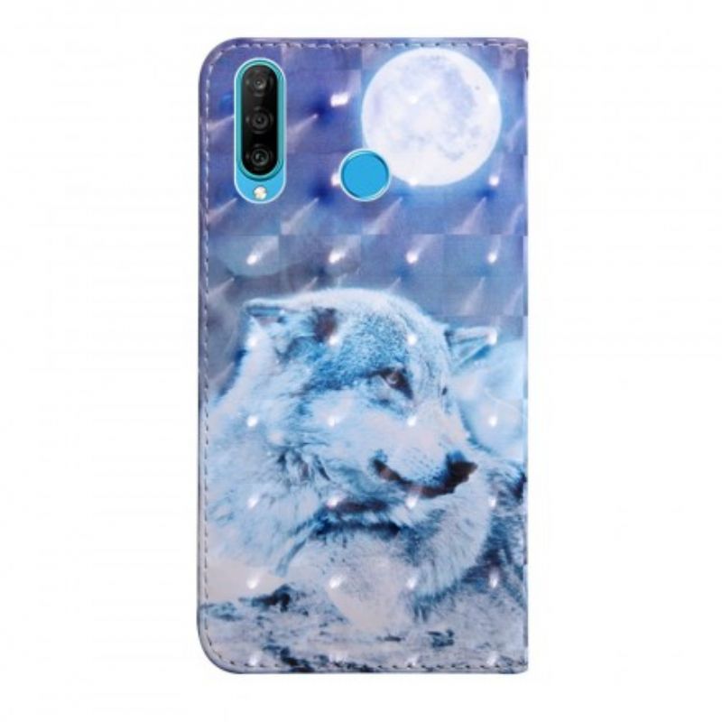 Flip Cover Huawei P30 Lite Månelys Ulv