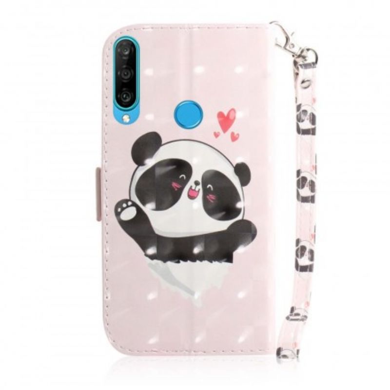 Læder Cover Huawei P30 Lite Med Snor Panda Love Med Rem