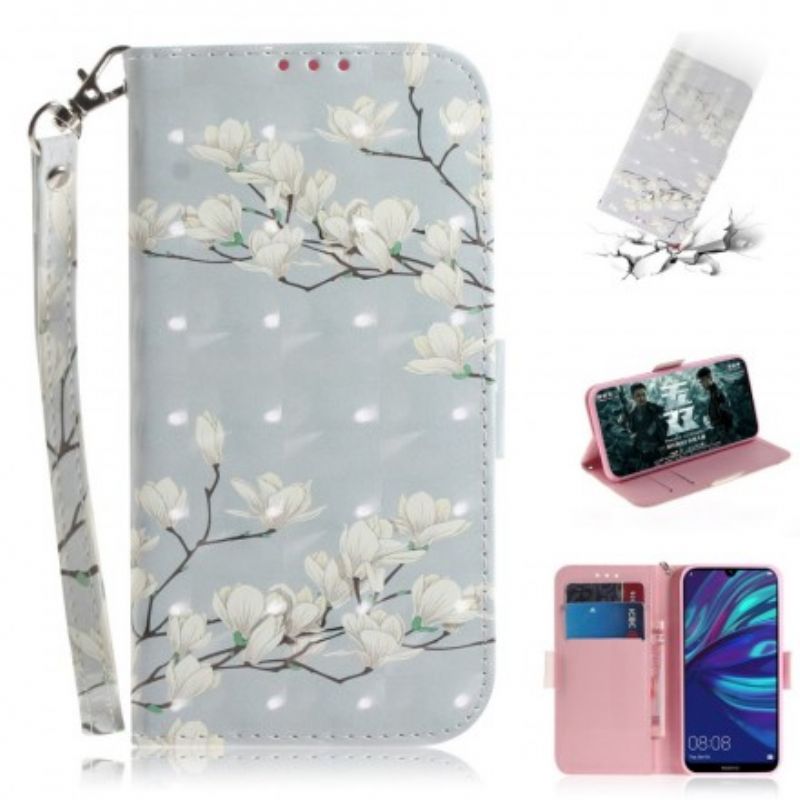 Læder Cover Huawei P30 Lite Med Snor Thong Blomstertræ