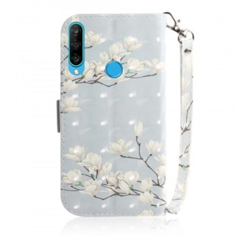 Læder Cover Huawei P30 Lite Med Snor Thong Blomstertræ