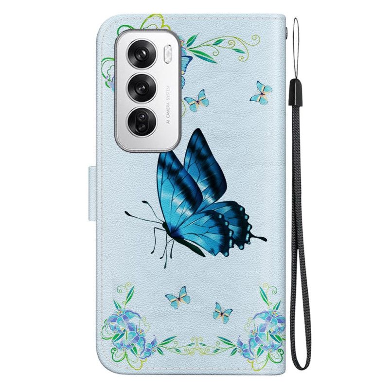 Flip Cover Oppo Reno 12 5g Blå Sommerfugle Og Blomster Med Rem