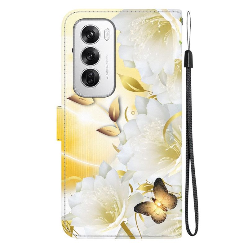 Flip Cover Oppo Reno 12 5g Gyldne Sommerfugle Og Blomster Med Rem