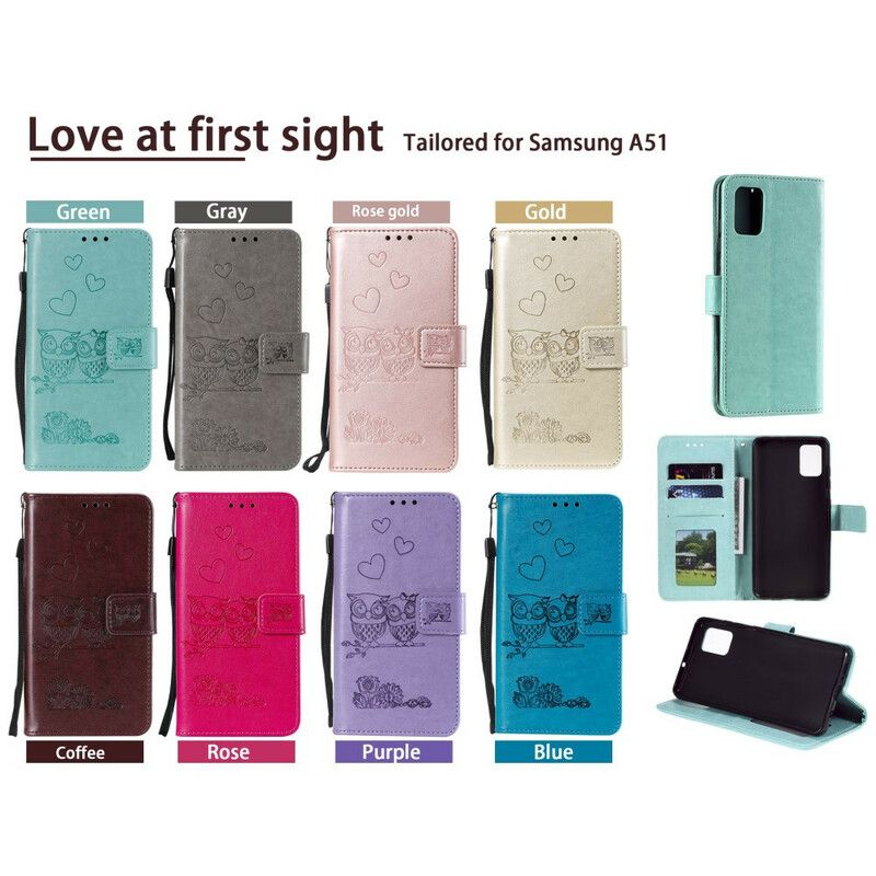 Læder Cover Samsung Galaxy A51 Med Snor Elsker Strappy Ugler