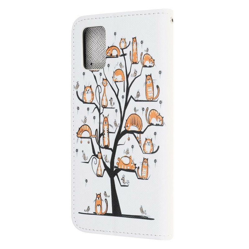 Læder Cover Samsung Galaxy A51 Med Snor Funky Katte Med Rem