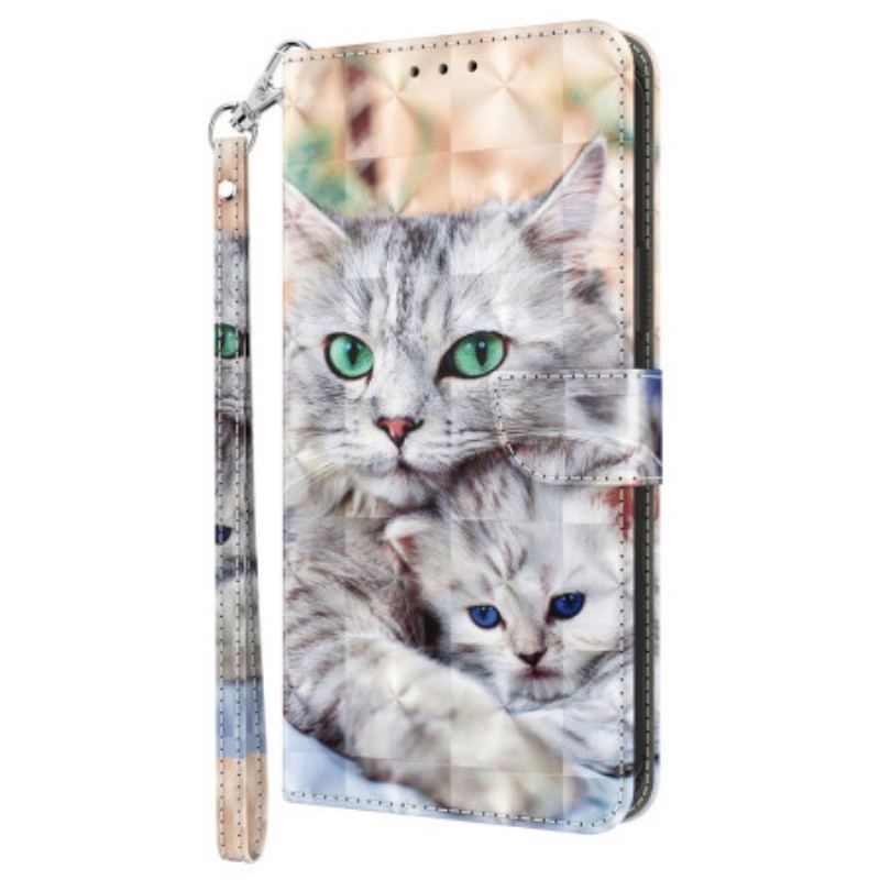 Læder Cover Google Pixel 7A Med Snor Strappy Cat Familie