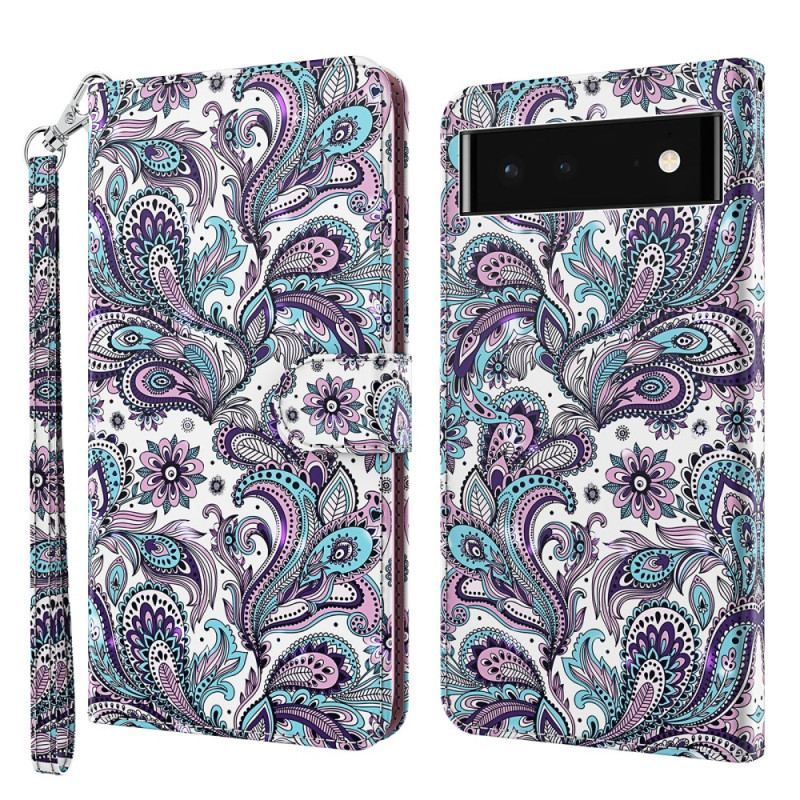 Flip Cover Google Pixel 7 Pro Med Snor Strappy Paisley Mønster