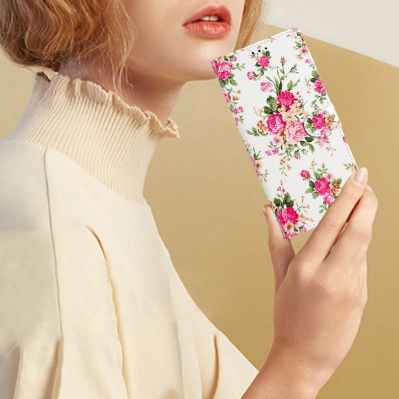 Flip Cover iPhone 15 Med Snor Frihedsblomster Med Rem