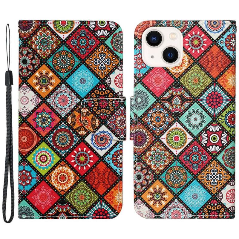 Flip Cover iPhone 15 Med Snor Smukt Patchwork Med Rem