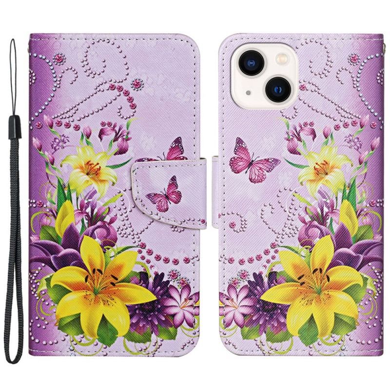 Flip Cover iPhone 15 Med Snor Sommerfugle Og Blomster Med Rem