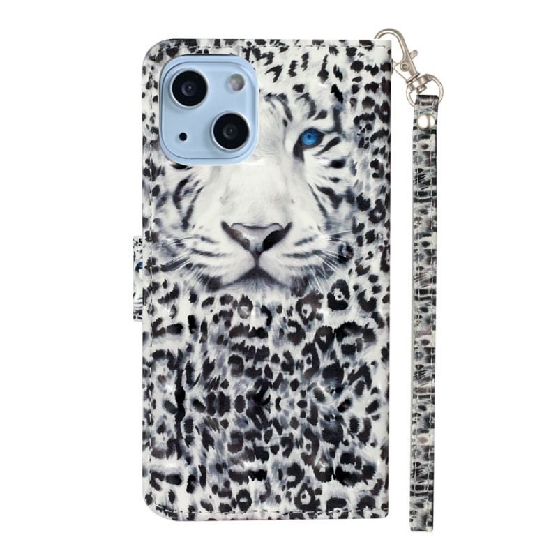 Flip Cover iPhone 15 Plus Med Snor 3d Leopard Med Rem