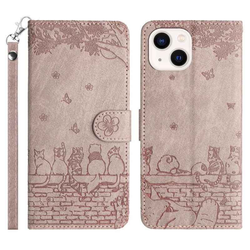 Flip Cover iPhone 15 Plus Med Snor Blomsterkat Med Rem