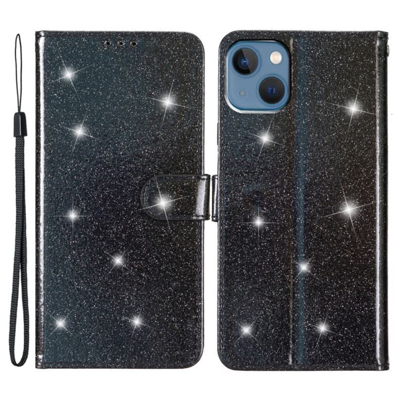 Flip Cover iPhone 15 Plus Med Snor Glittereffekt Med Rem