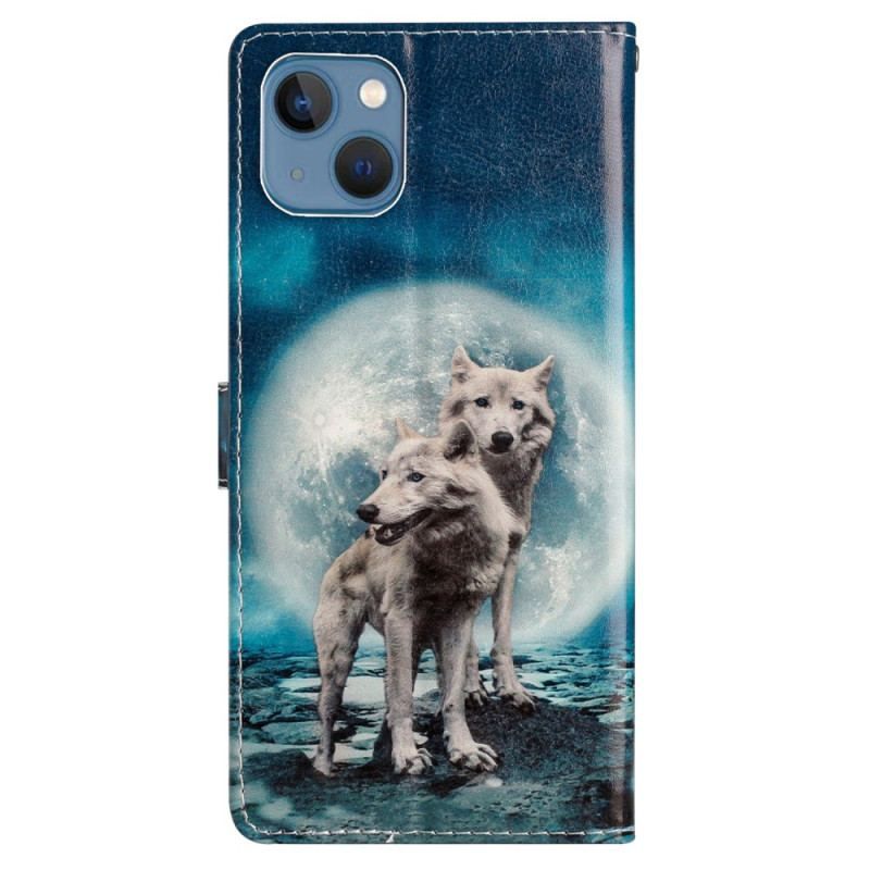 Flip Cover iPhone 15 Plus Med Snor Lanyard Wolves