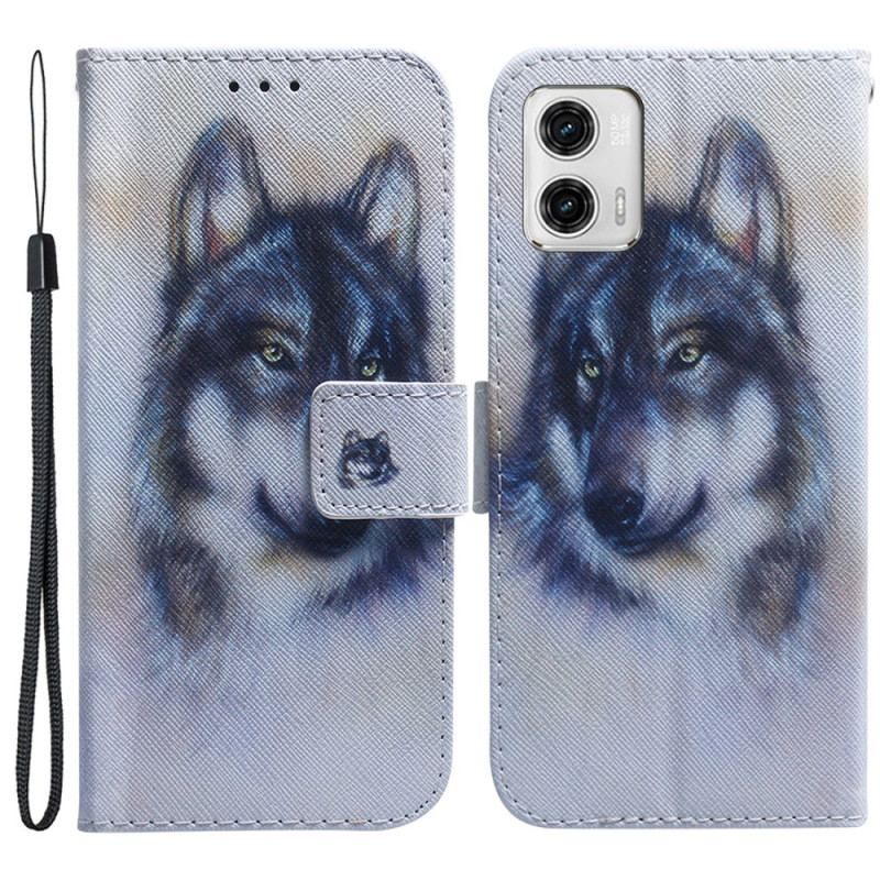 Flip Cover Moto G73 5G Med Snor Strappy Aquarel Wolf