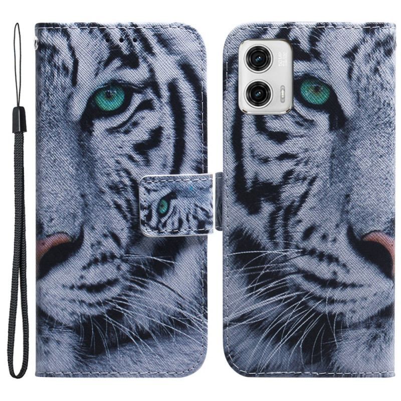 Flip Cover Moto G73 5G Med Snor Strappy White Tiger