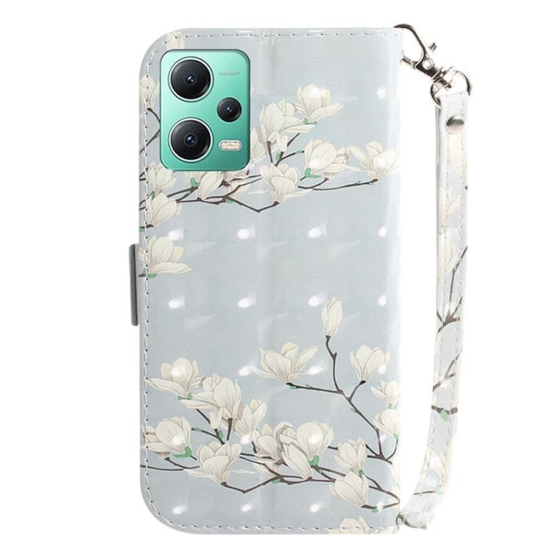 Flip Cover Poco X5 5G Med Snor Strappy Hvide Blomster