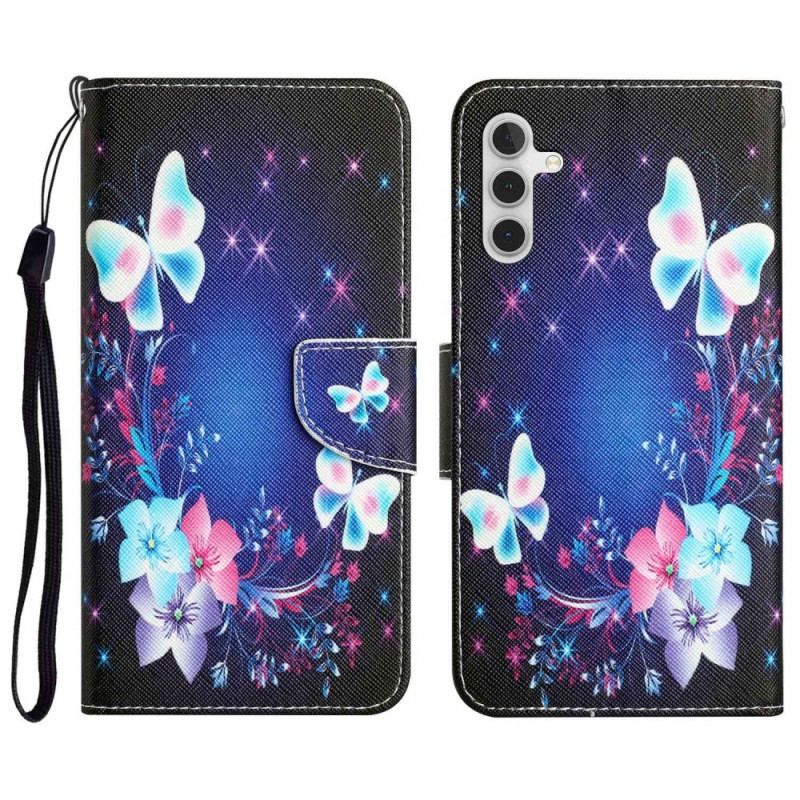 Flip Cover Samsung Galaxy A14 / A14 5G Med Snor Fe Sommerfugle Med Snor