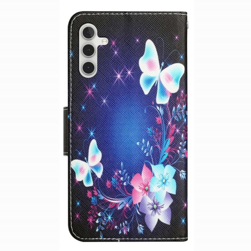 Flip Cover Samsung Galaxy A14 / A14 5G Med Snor Fe Sommerfugle Med Snor