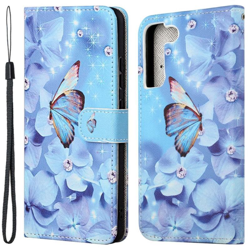 Flip Cover Samsung Galaxy S23 5G Med Snor Strappy Diamond Sommerfugle