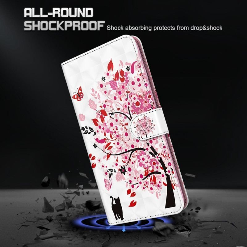 Flip Cover Samsung Galaxy S23 Plus 5G Med Snor Træ Og Strappy Kat