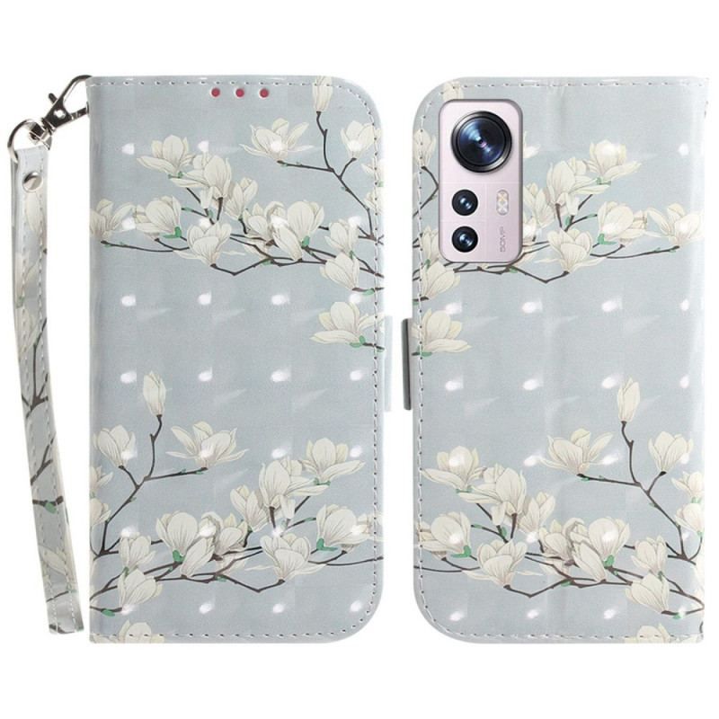 Flip Cover Xiaomi 12 / 12X Med Snor Strappy Hvide Blomster