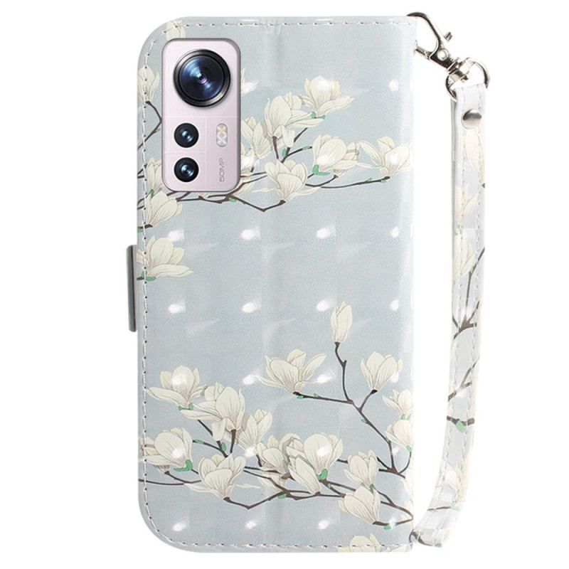 Flip Cover Xiaomi 12 / 12X Med Snor Strappy Hvide Blomster