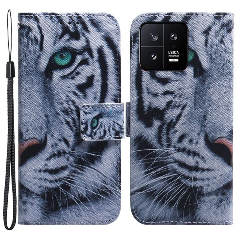 Flip Cover Xiaomi 13 Med Snor Strappy White Tiger