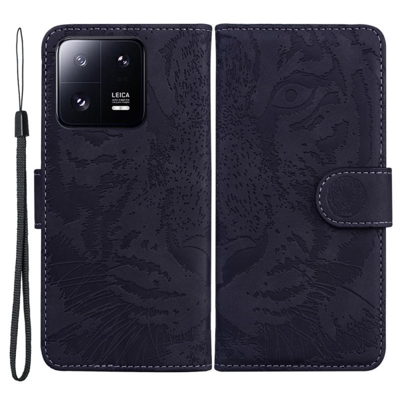 Flip Cover Xiaomi 13 Pro Med Snor Strappy Tiger Print