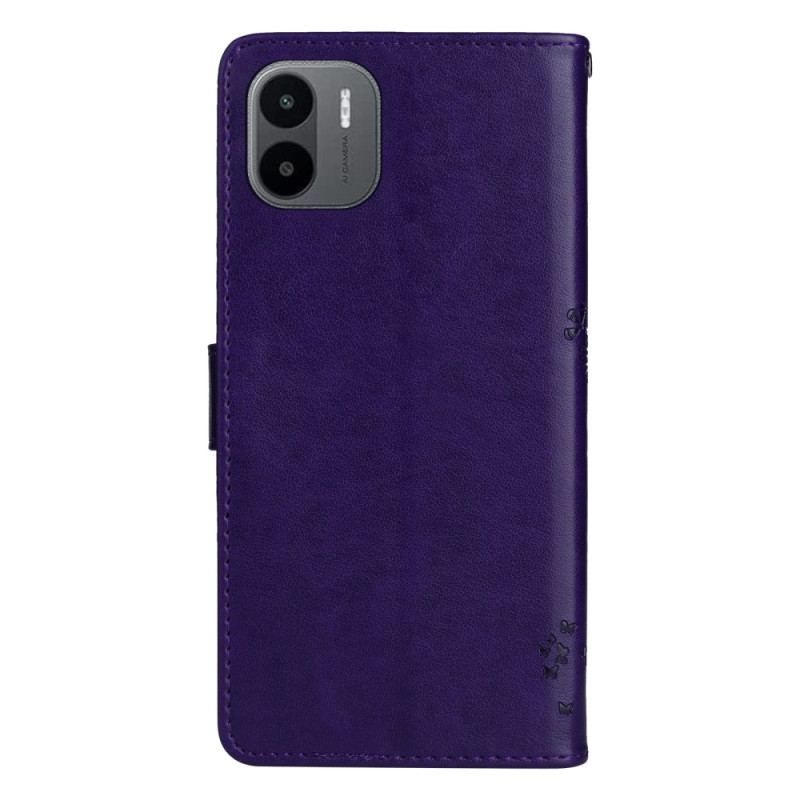 Flip Cover Xiaomi Redmi A1 Med Snor Træ Og Strappy Kat