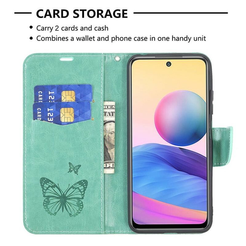 Flip Cover Xiaomi Redmi Note 10 5G Med Snor Sommerfugle Trykt Strappy