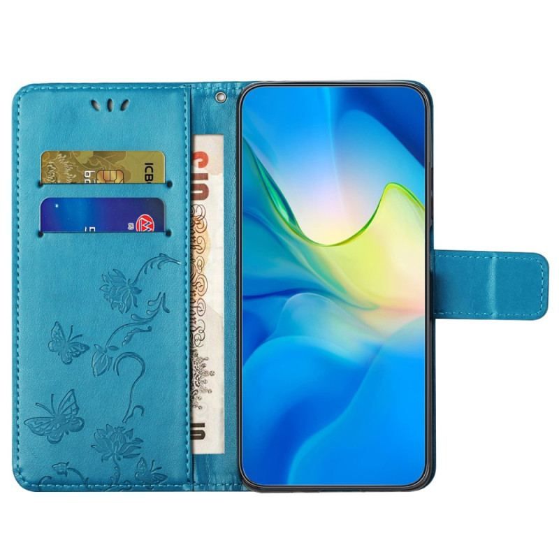 Flip Cover Xiaomi Redmi Note 12 4G Med Snor Blomster Og Sommerfugle Med Rem