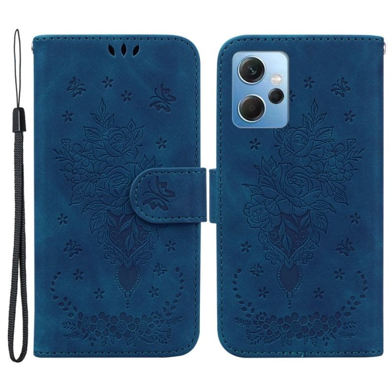 Flip Cover Xiaomi Redmi Note 12 4G Med Snor Strappy Roser Og Sommerfugle