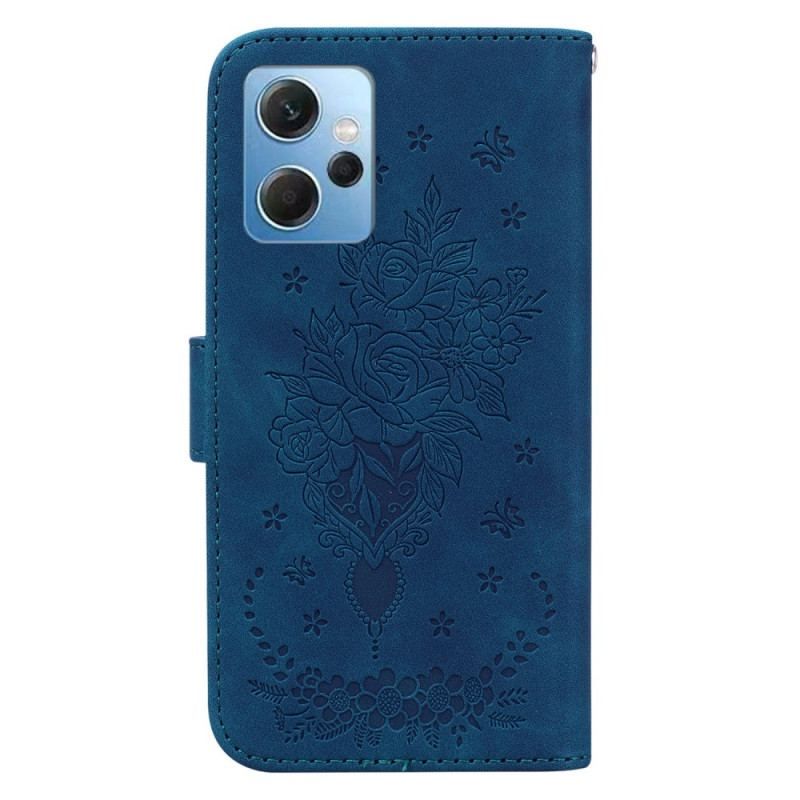 Flip Cover Xiaomi Redmi Note 12 4G Med Snor Strappy Roser Og Sommerfugle