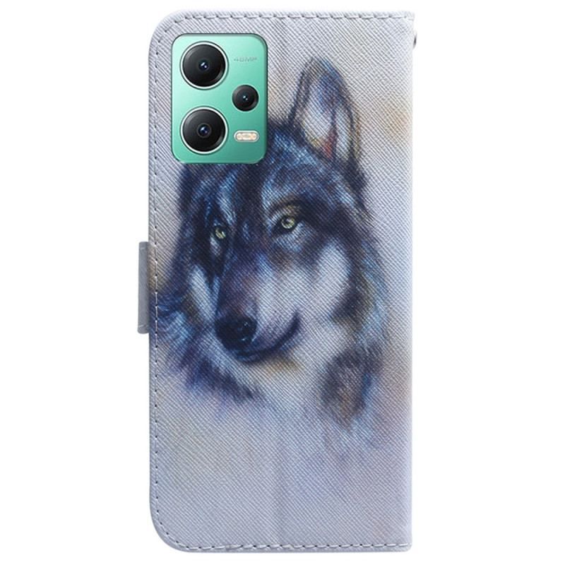 Flip Cover Xiaomi Redmi Note 12 5G Med Snor Strappy Aquarel Wolf