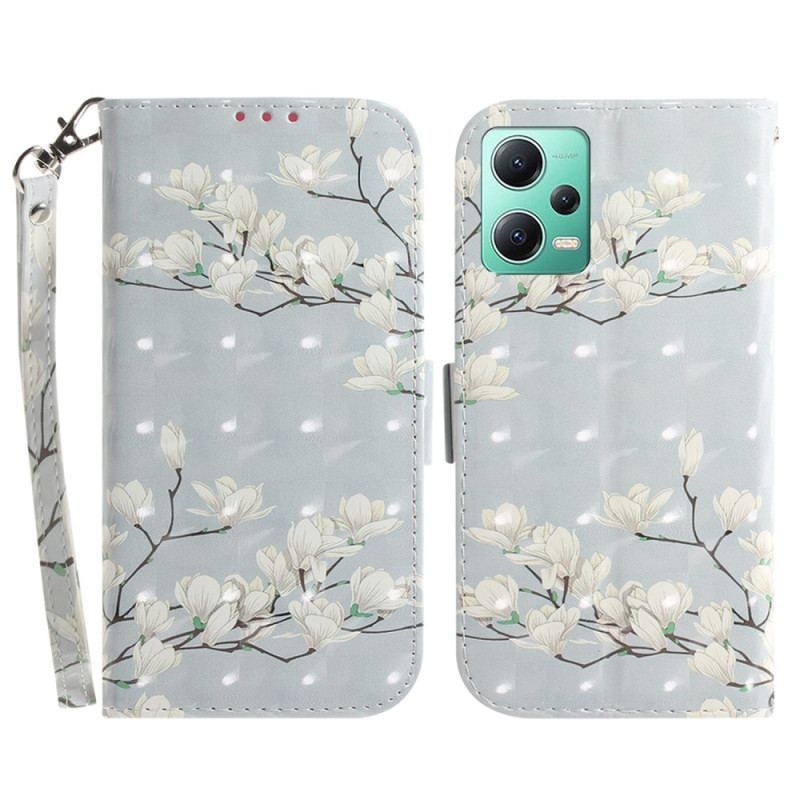 Flip Cover Xiaomi Redmi Note 12 5G Med Snor Strappy Hvide Blomster