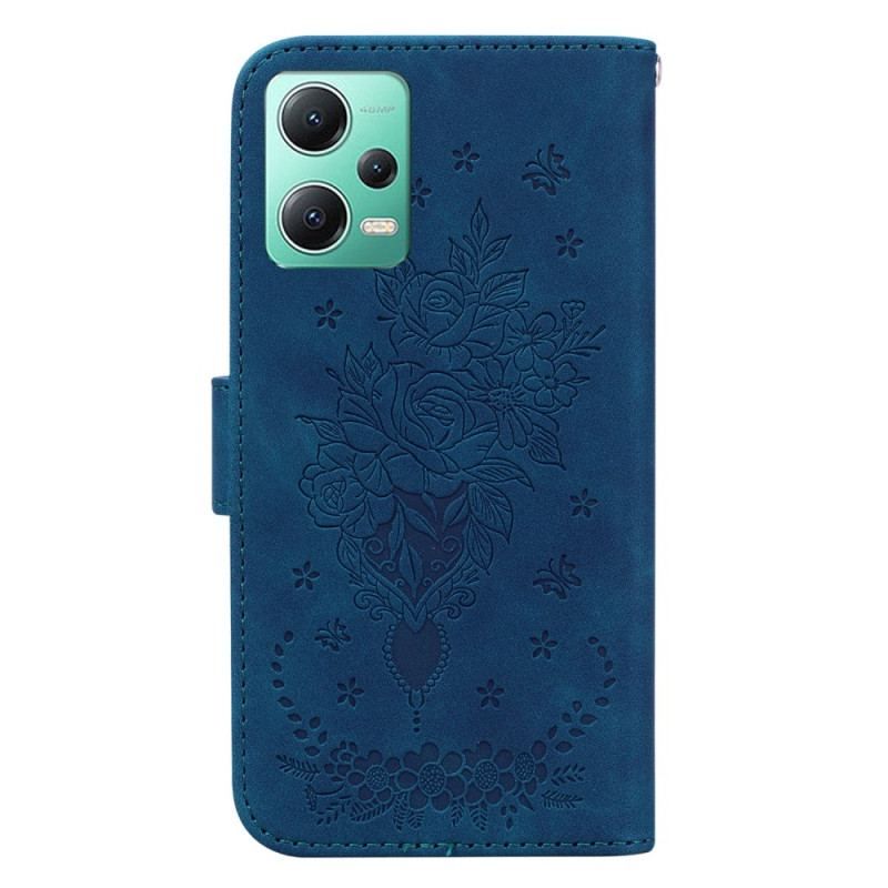 Flip Cover Xiaomi Redmi Note 12 5G Med Snor Strappy Roser Og Sommerfugle