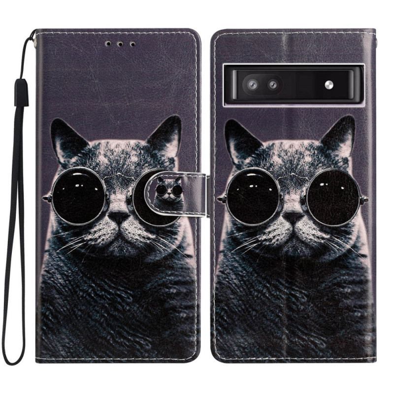 Læder Cover Google Pixel 7A Med Snor Strappy Cat Briller