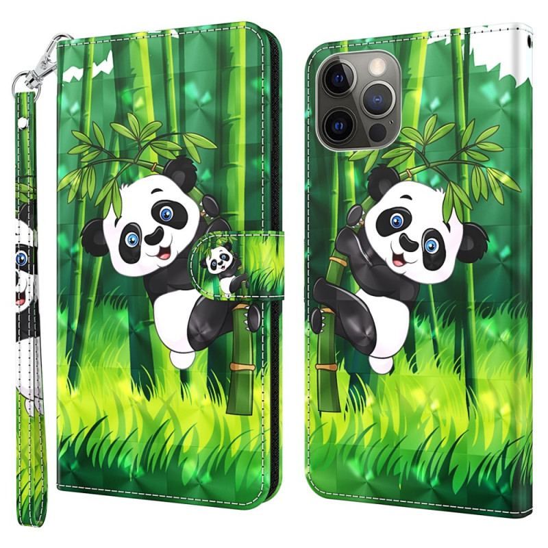 Læder Cover iPhone 15 Plus Med Snor 3d Bambus Panda Med Rem