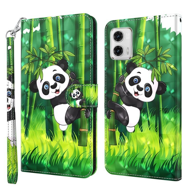 Læder Cover Moto G73 5G Med Snor Panda Og Bambus Med Snor