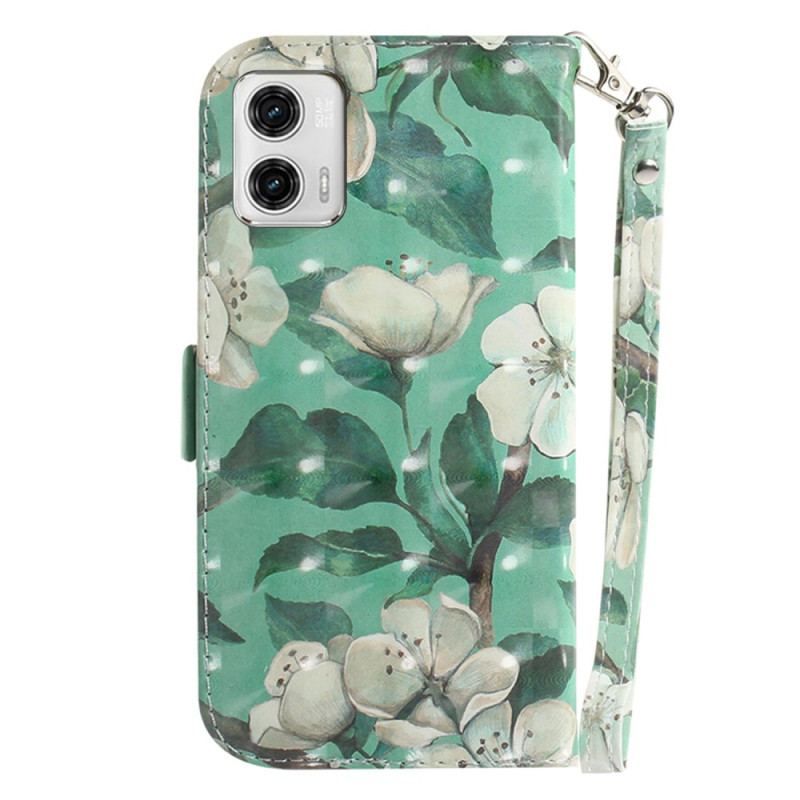 Læder Cover Moto G73 5G Med Snor Strappy Hvide Blomster