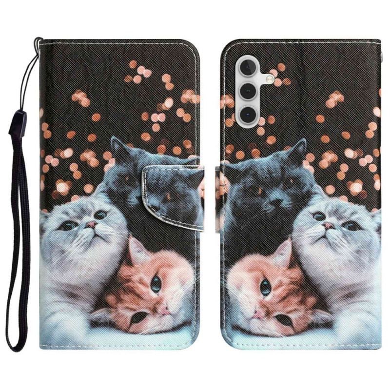 Læder Cover Samsung Galaxy A14 / A14 5G Med Snor Kun Thong Cats