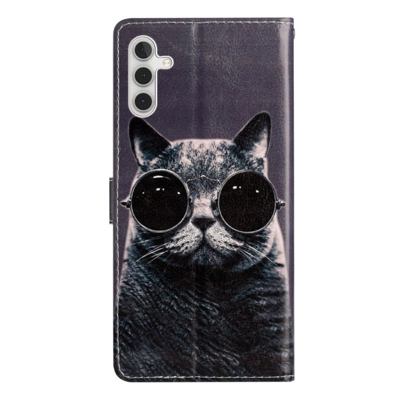 Læder Cover Samsung Galaxy A54 5G Med Snor Cat Strappy Briller