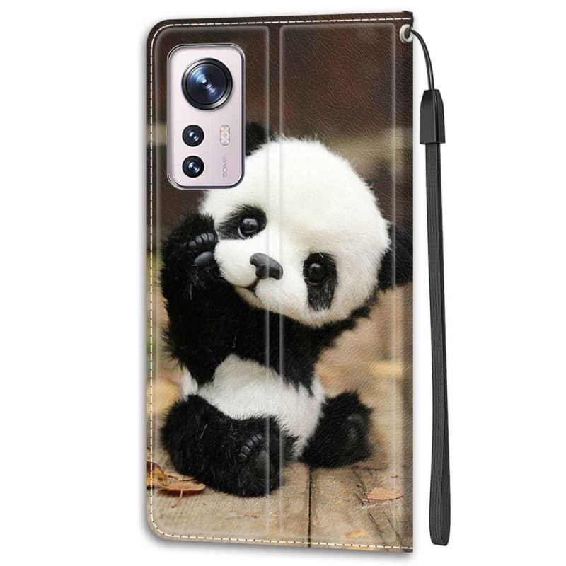 Læder Cover Xiaomi 12 / 12X Med Snor Lille Panda Med Rem