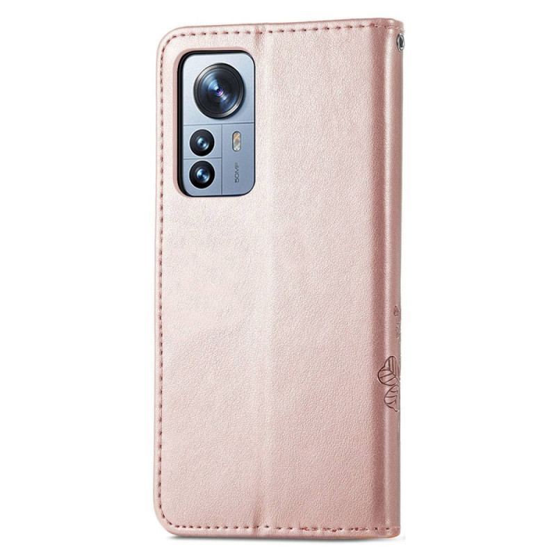 Læder Cover Xiaomi 12T / 12T Pro Med Snor Små Stropblomster