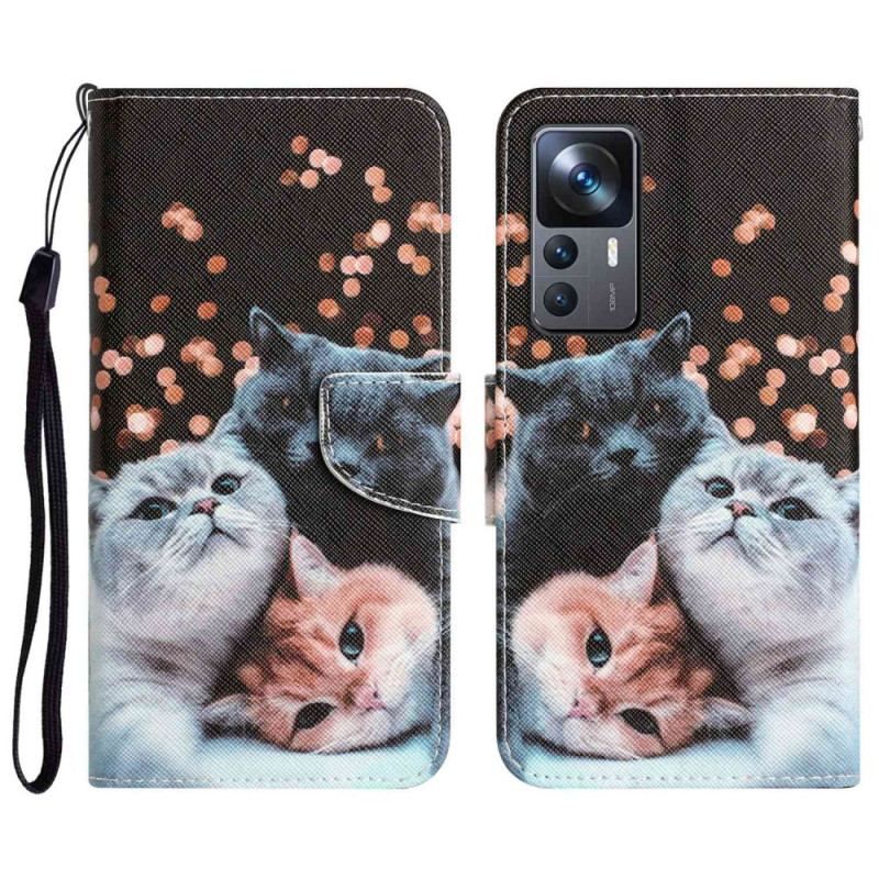 Læder Cover Xiaomi 12T / 12T Pro Med Snor Tre Strappy Cats