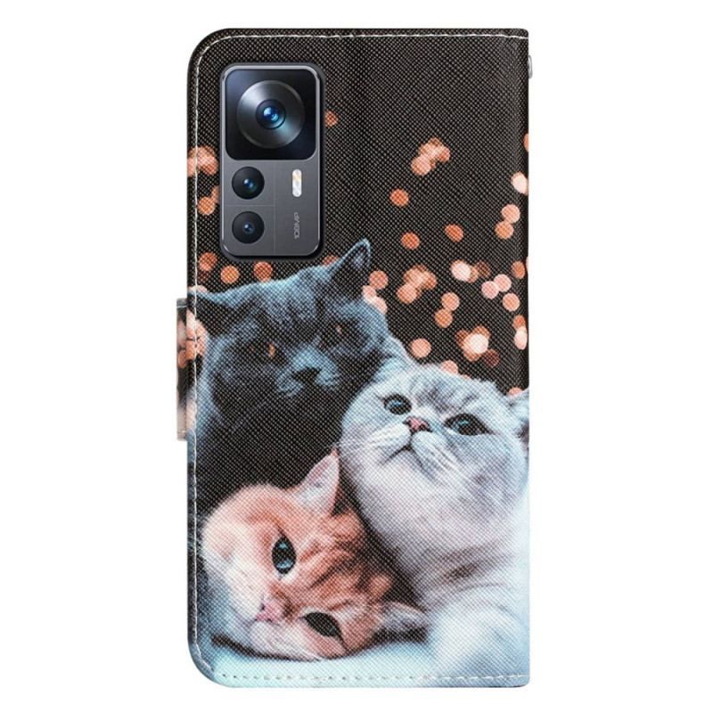 Læder Cover Xiaomi 12T / 12T Pro Med Snor Tre Strappy Cats