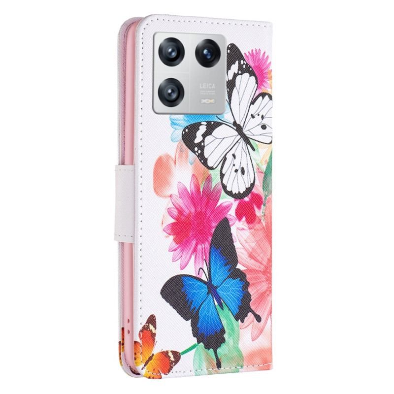 Læder Cover Xiaomi 13 Akvarel Sommerfugle