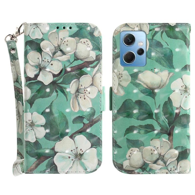 Læder Cover Xiaomi Redmi Note 12 4G Med Snor Strappy Hvide Blomster