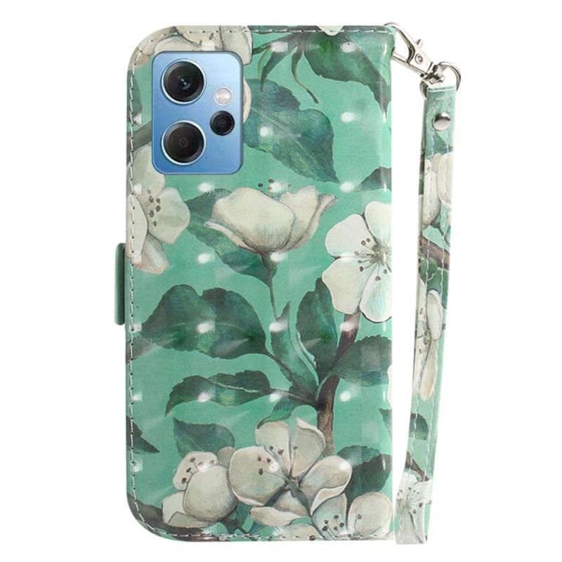 Læder Cover Xiaomi Redmi Note 12 4G Med Snor Strappy Hvide Blomster